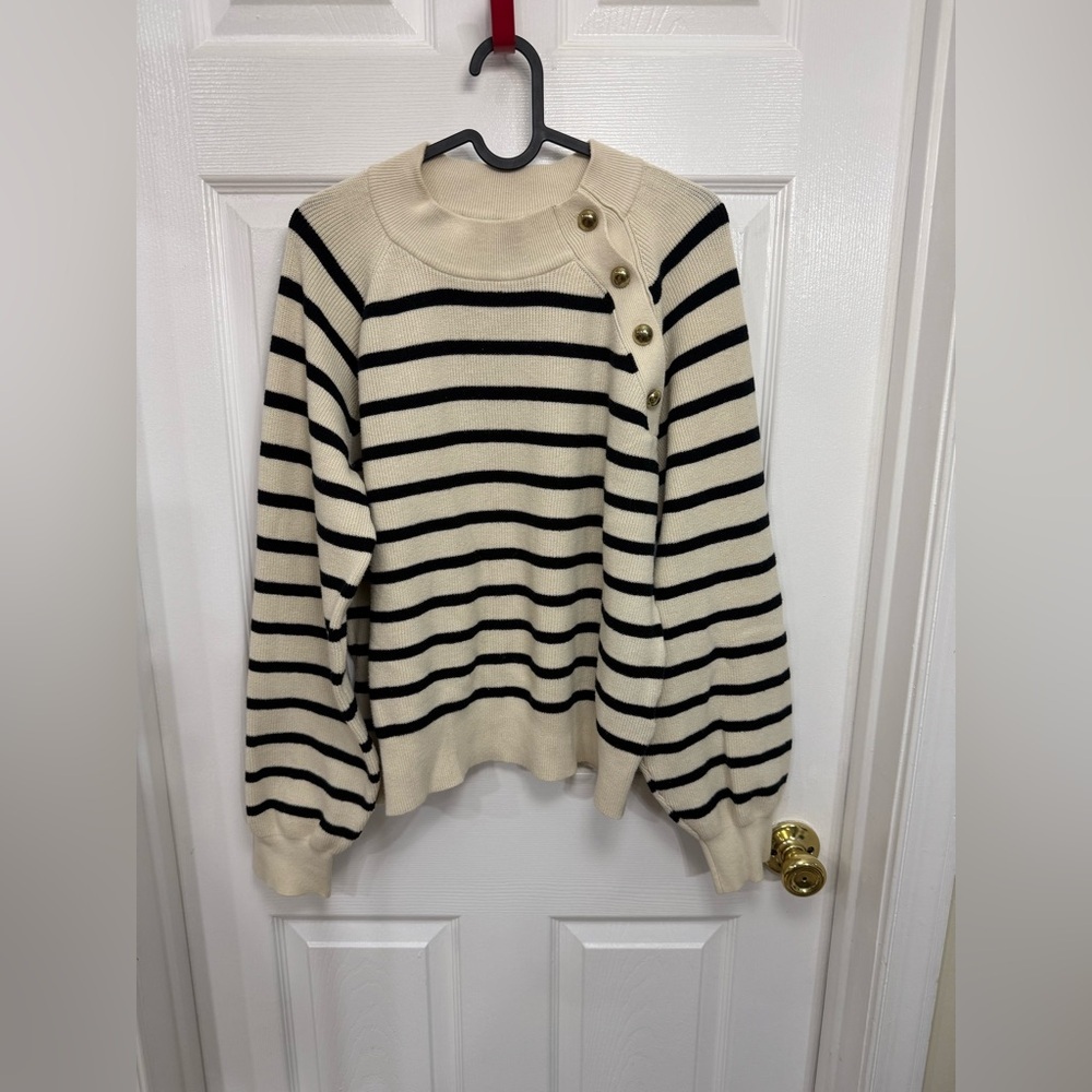 We Wore What  White Striped Balloon Sleeve Sweater Sz XL Nautical Preppy